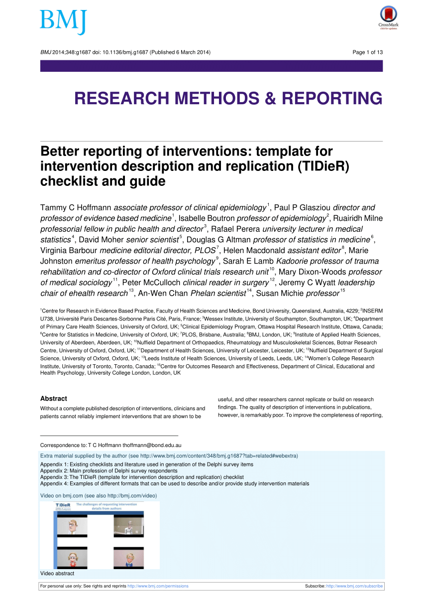 Pdf) [Better Reporting Of Interventions: Template For With Regard To Intervention Report Template