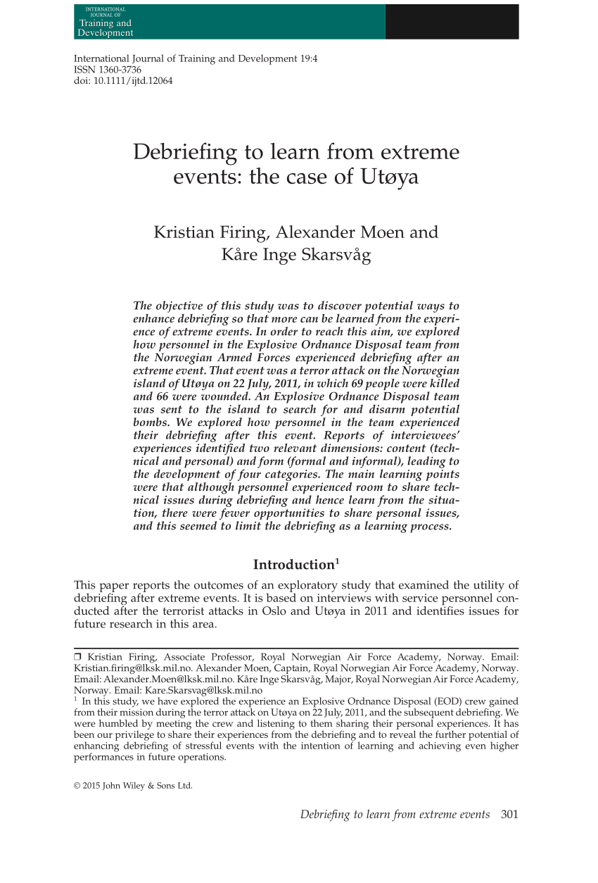 Pdf) Debriefing To Learn From Extreme Events: The Case Of Utøya Pertaining To Event Debrief Report Template
