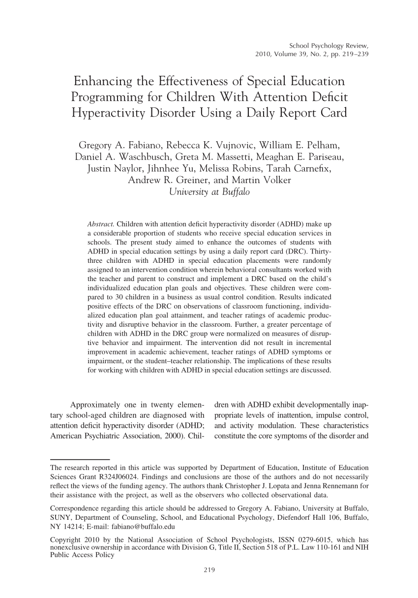 Pdf) Enhancing The Effectiveness Of Special Education In Daily Report Card Template For Adhd