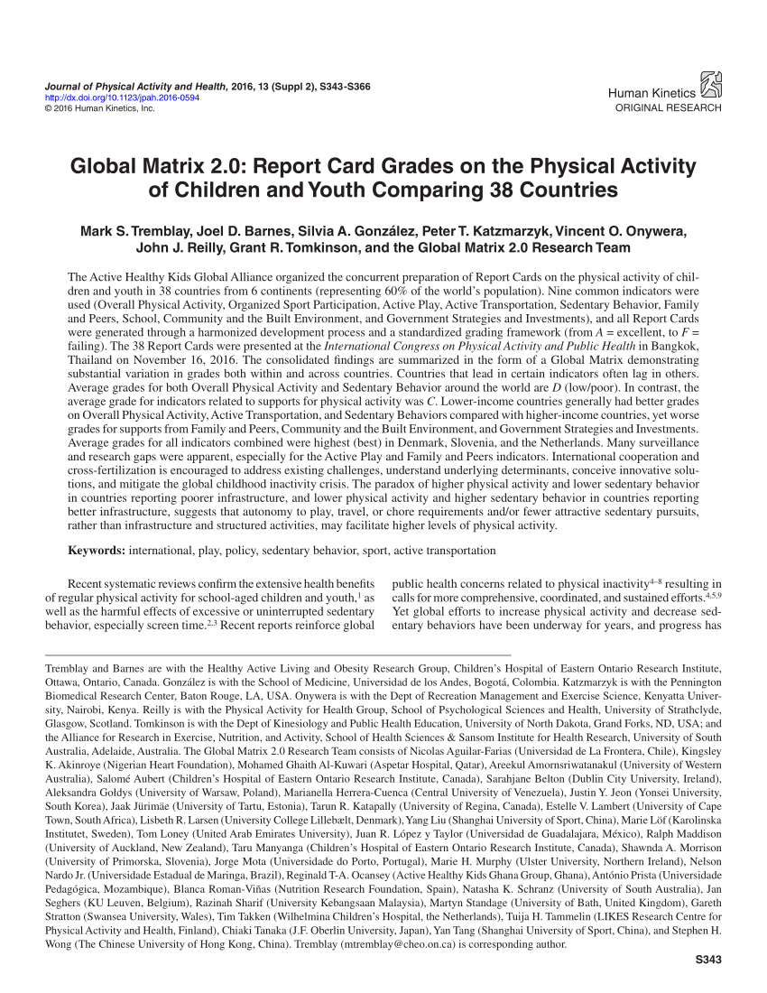 Pdf) Global Matrix 2.0: Report Card Grades On The Physical For Boyfriend Report Card Template