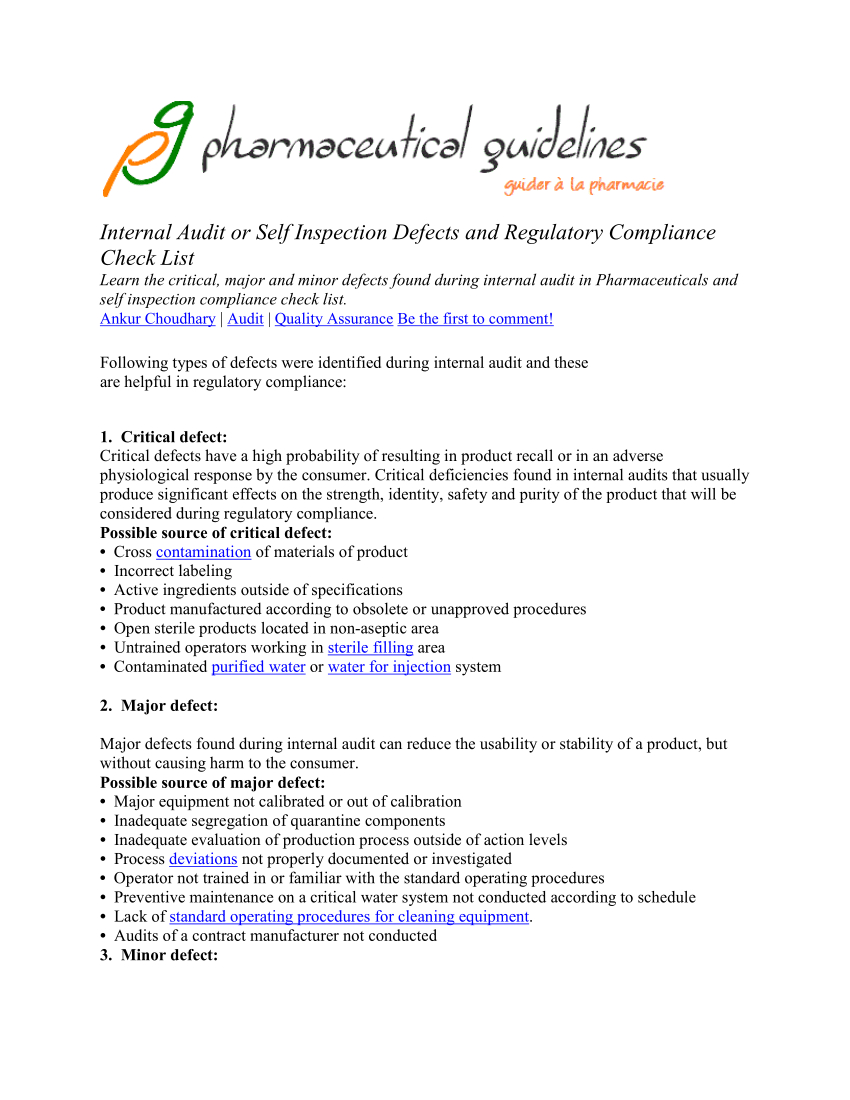 Pdf) Pharmaceutical Self Inspection Defects And Check List Intended For Gmp Audit Report Template