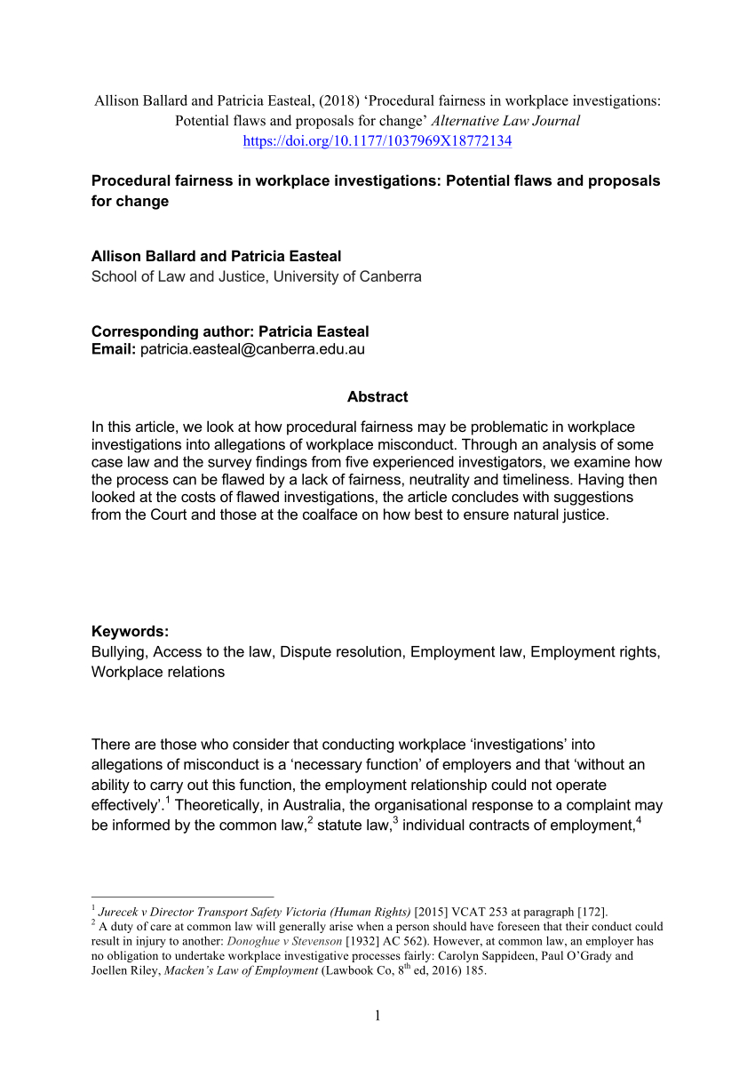 Pdf) Procedural Fairness In Workplace Investigations With Workplace Investigation Report Template