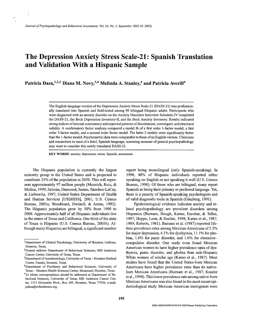 Pdf) The Depression Anxiety Stress Scale 21: Spanish With Book Report Template In Spanish