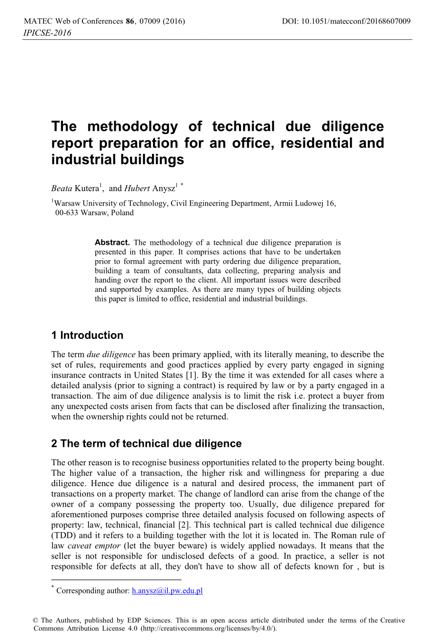 Pdf) The Methodology Of Technical Due Diligence Report Within Vendor Due Diligence Report Template