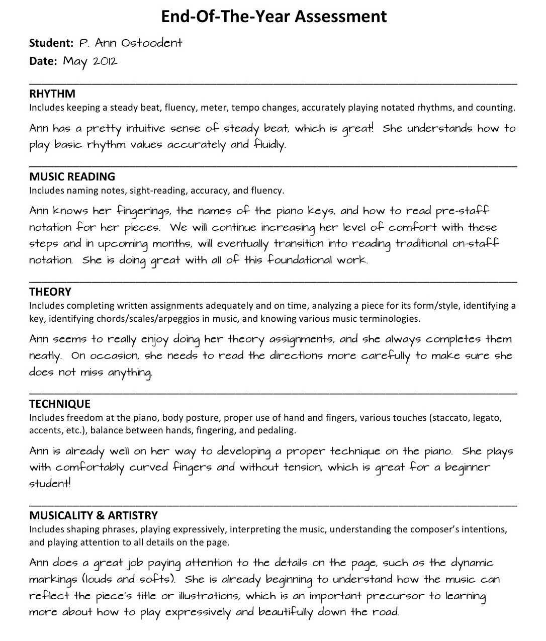 Piano Student End Of The Year Evaluations - Color In My Piano With Pupil Report Template