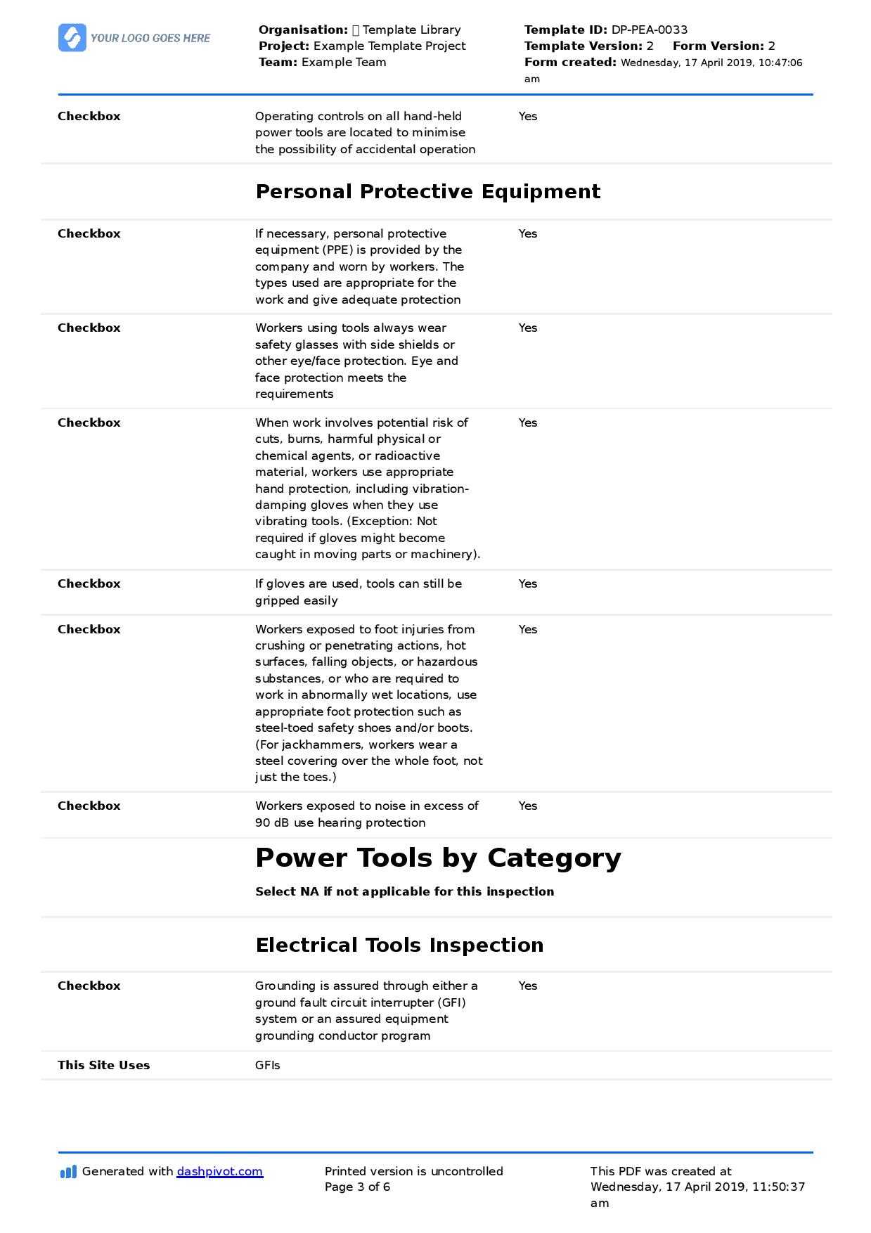 Power Tool Inspection Checklist Template (Free And Edtaible Within Equipment Fault Report Template