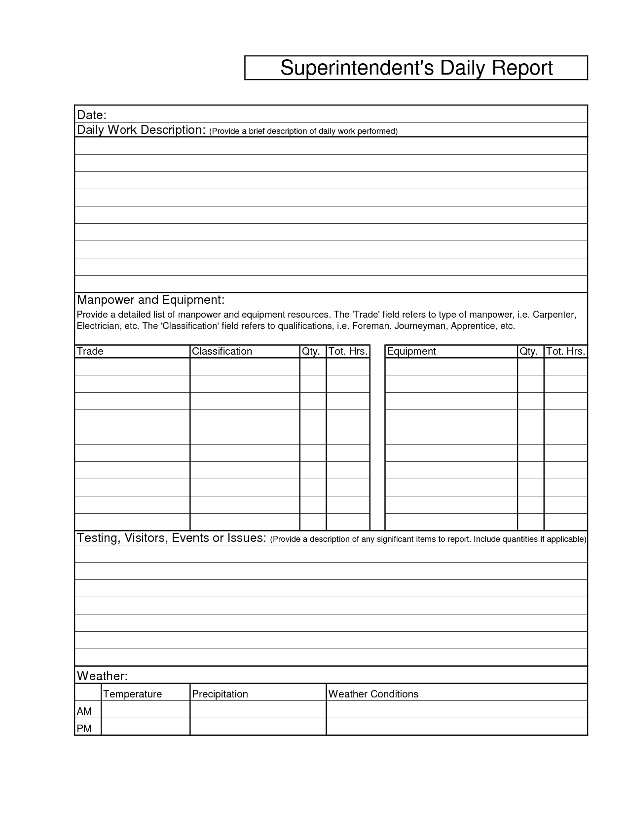 Printable Blank Superintendents Daily Report Sample And Inside Superintendent Daily Report Template