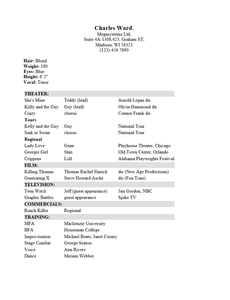 Professional Acting Resume : Resume Templates Within Theatrical Resume Template Word