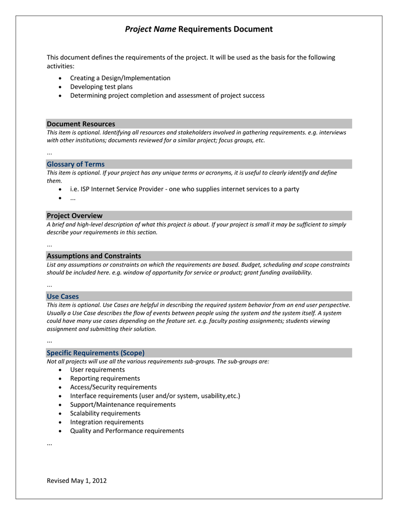 Project Requirements Template Intended For Reporting Requirements Template