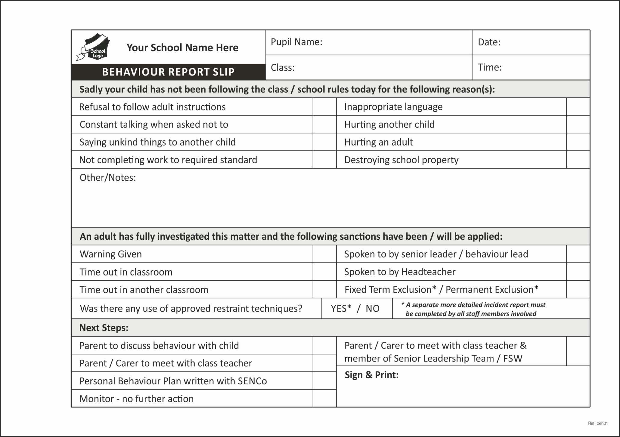 Pupil Behaviour Record Form Books For Schools – Primary Intended For Behaviour Report Template