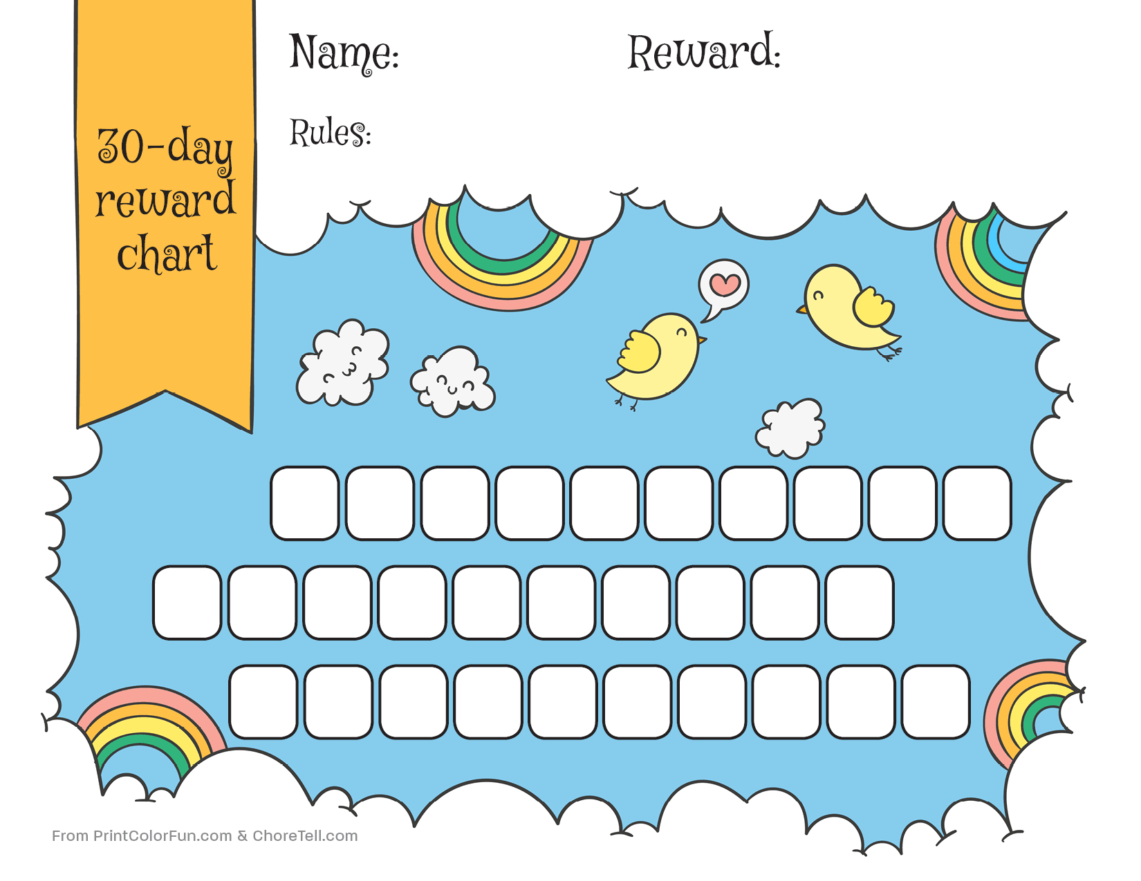 Rainbow & Sky 30 Day Reward Chart For Kids – Free Printable Regarding Blank Reward Chart Template