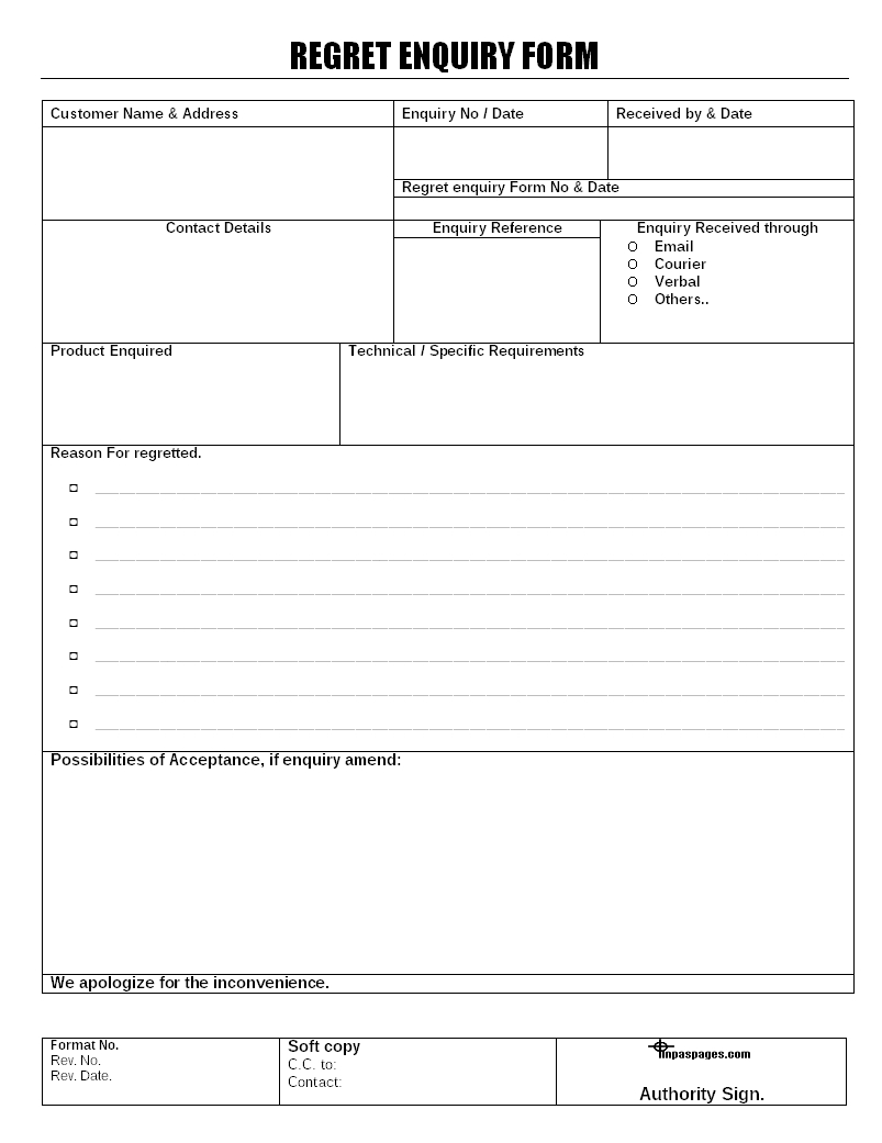 Regret Enquiry Form Format Regarding Enquiry Form Template Word