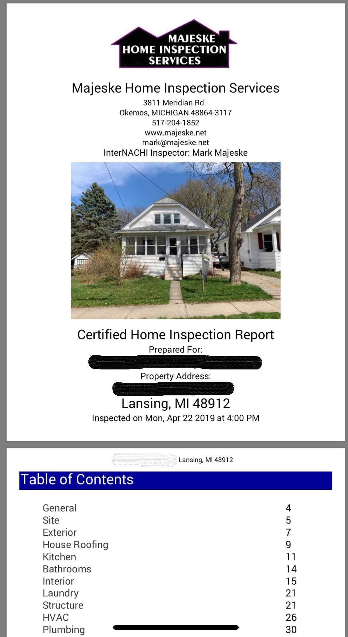 Sample Inspection Report, Lansing, Mi For Home Inspection Report Template Pdf