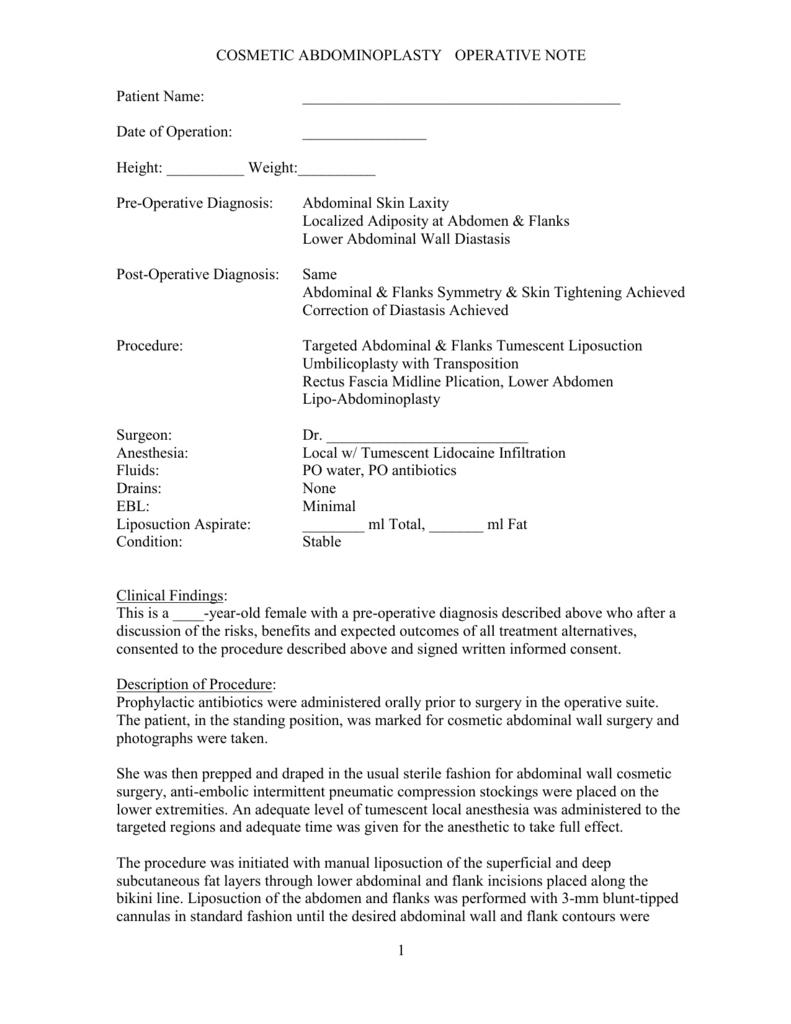 Sample Operative Note Intended For Operative Report Template