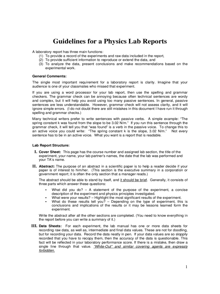 Sample Physics Lab Report Free Download Intended For Physics Lab Report Template