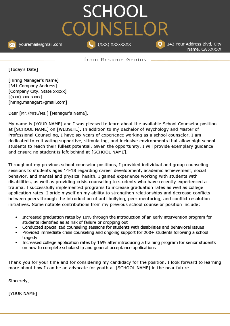 School Counselor Cover Letter Sample & Tips | Resume Genius Inside School Psychologist Report Template