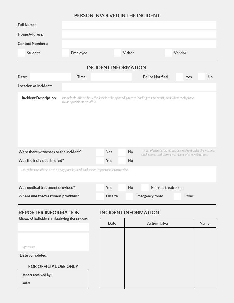 Simple Light Incident Report Template With Report Requirements Document Template