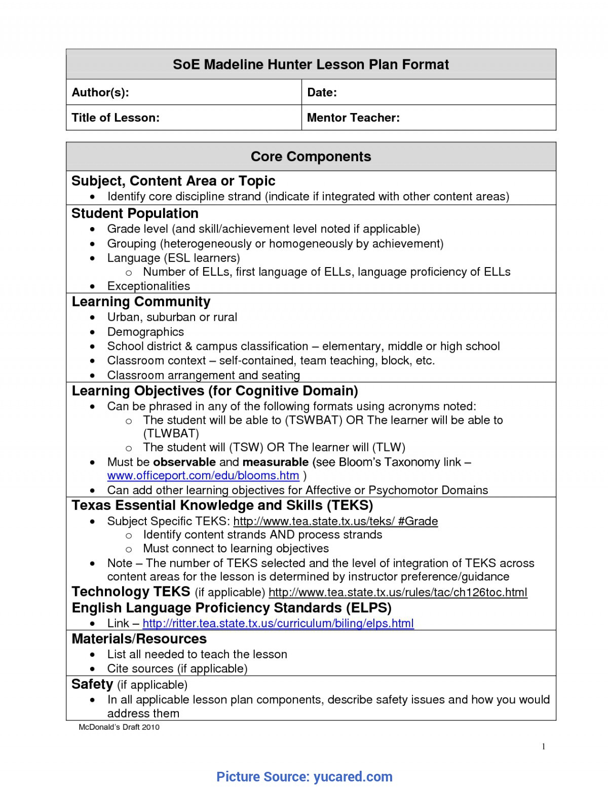 Simple Madeline Hunter Lesson Plan Blank Template Madeline Intended For Madeline Hunter Lesson Plan Blank Template