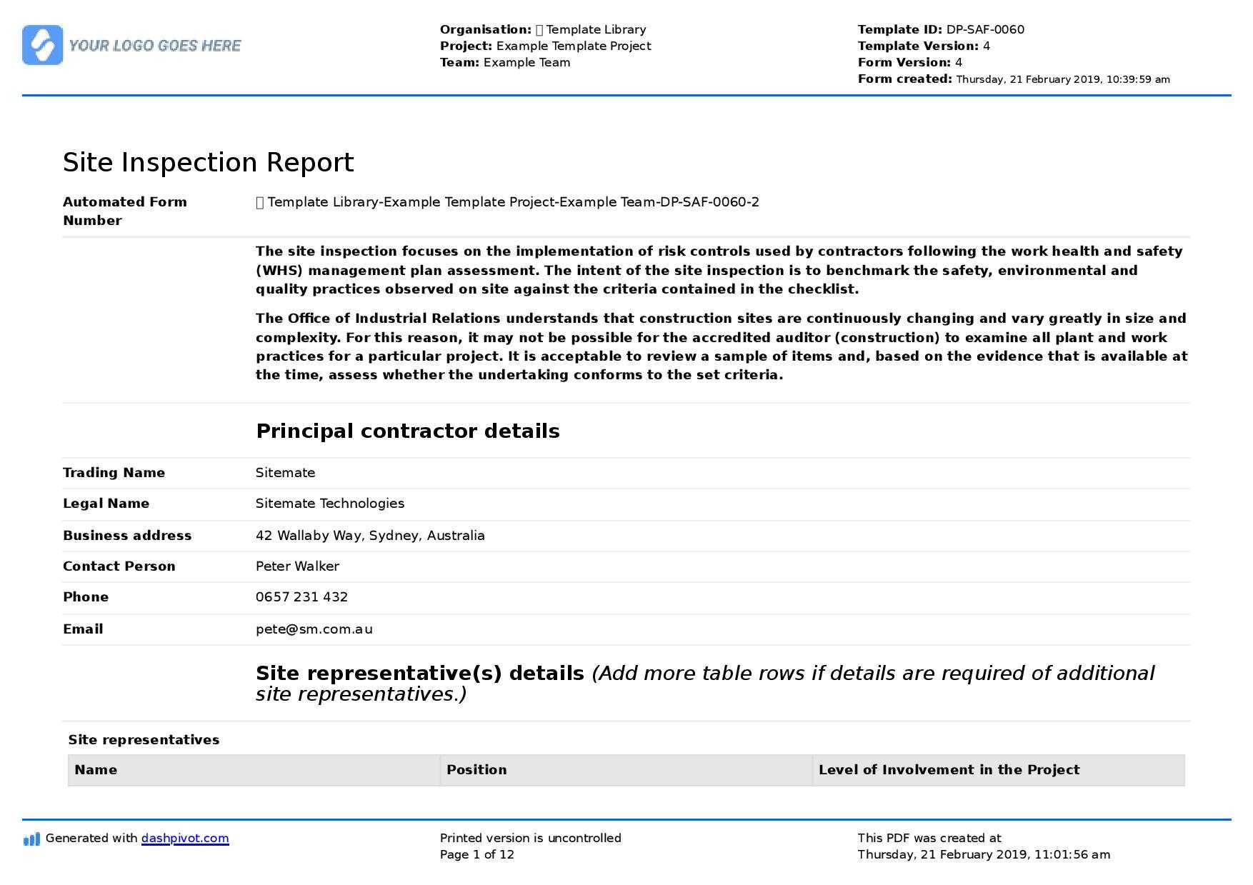 Site Inspection Report: Free Template, Sample And A Proven Within Improvement Report Template