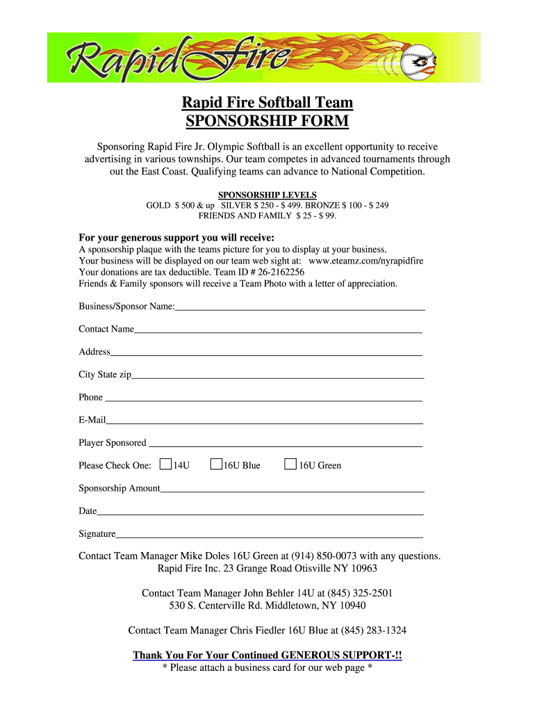 Softball Sponsorship Form – Fill Online, Printable, Fillable Throughout Blank Sponsor Form Template Free