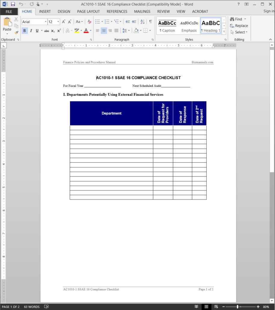 Ssae 16 Compliance Checklist Template | Ac1010 1 For Ssae 16 Report Template