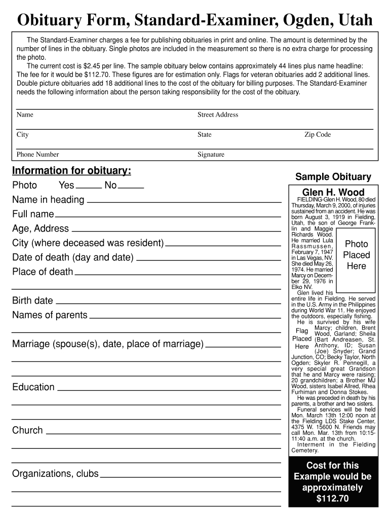 Standard Examiner Obituaries – Fill Online, Printable Within Fill In The Blank Obituary Template