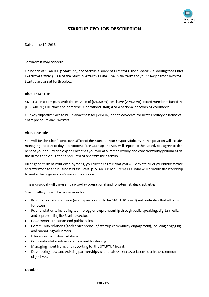 Startup Ceo Job Description | Templates At With Regard To Ceo Report To Board Of Directors Template