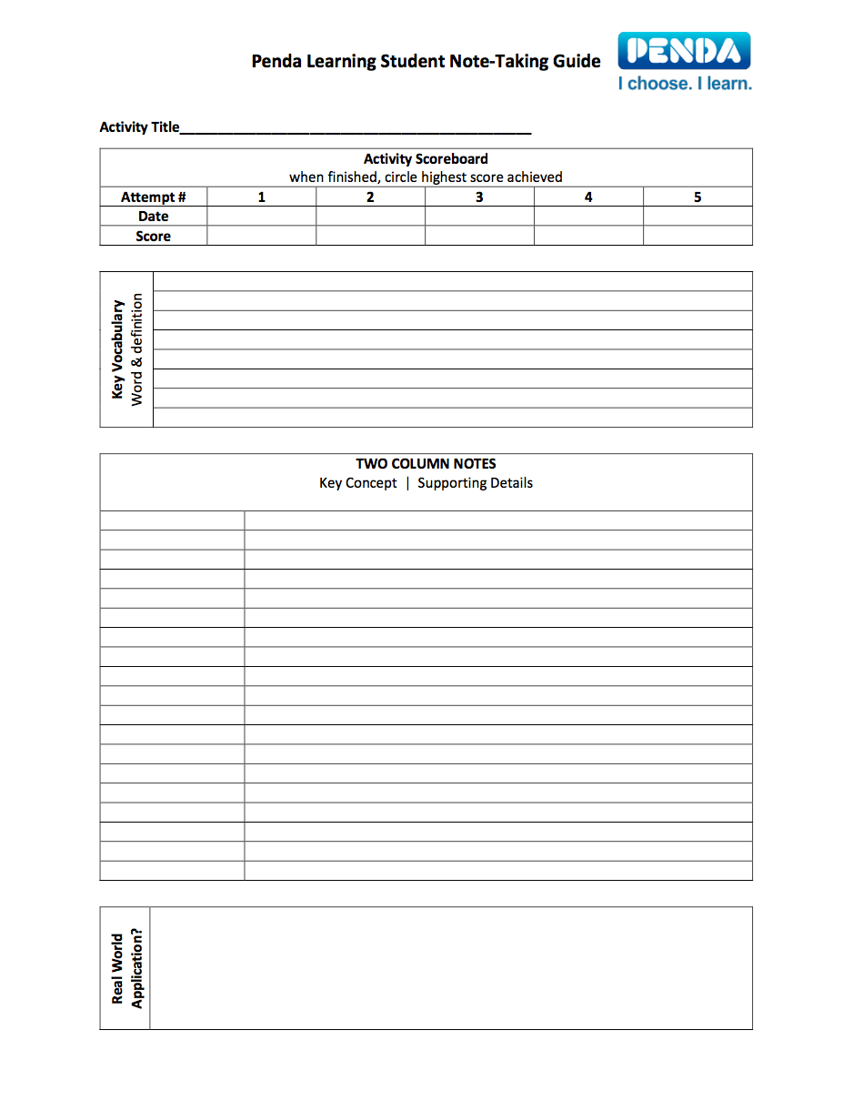 Student Note Taking Guide Templates – Penda Learning In Note Taking Template Word