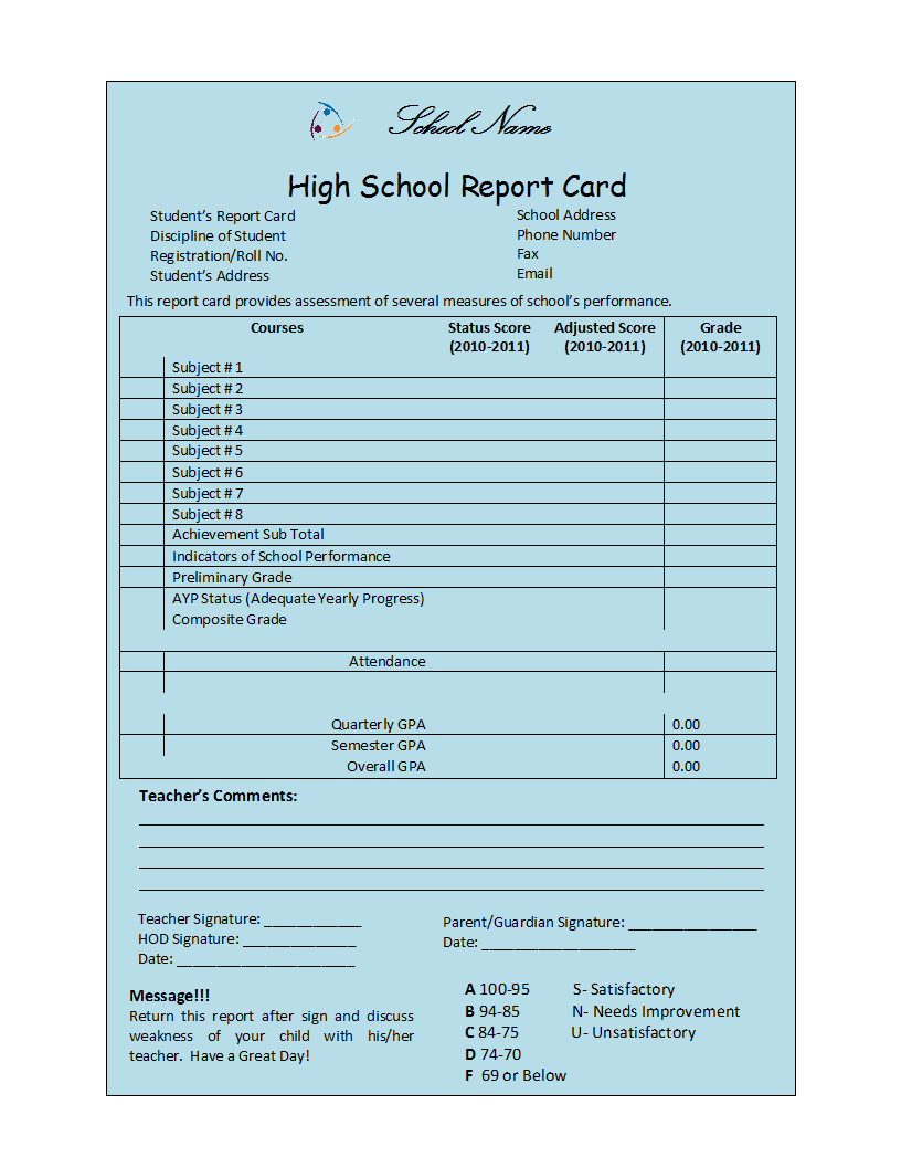 Student Report Template Pertaining To High School Report Card Template