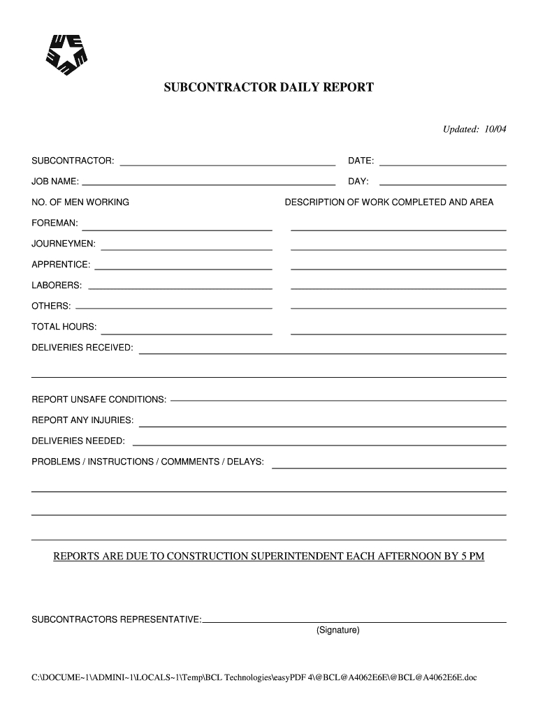Subcontractor Daily Report – Fill Online, Printable Regarding Superintendent Daily Report Template