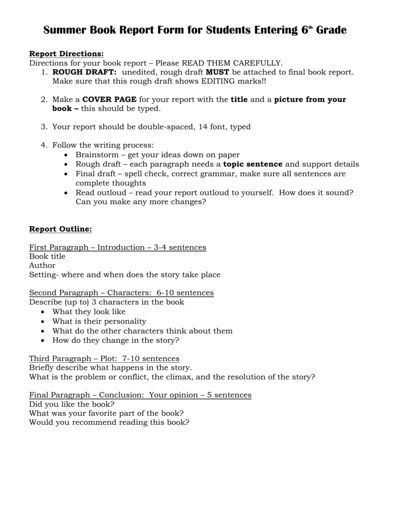 Summer Book Report Form For Students Entering 6Th Grade Within Book Report Template 6Th Grade