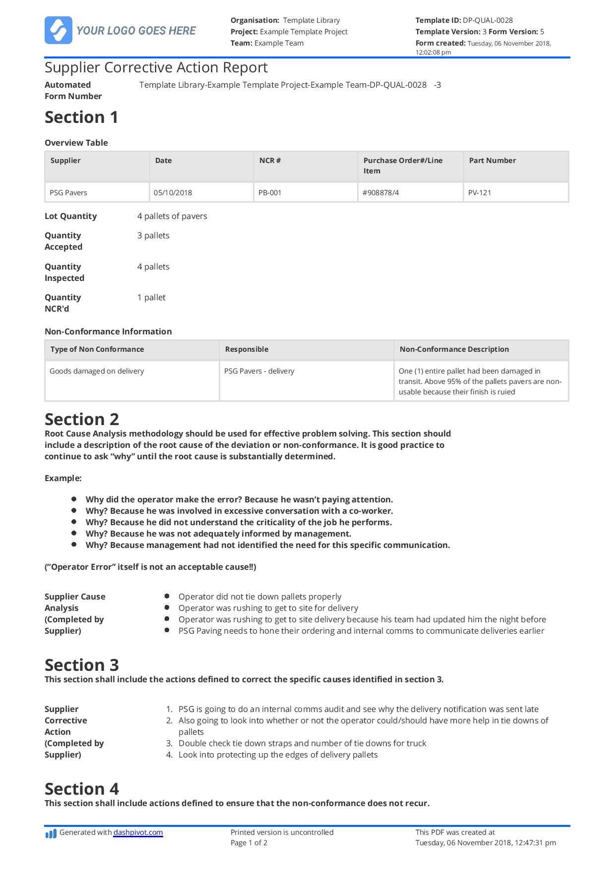 Supplier Corrective Action Report Template: Improve Your Inside Corrective Action Report Template