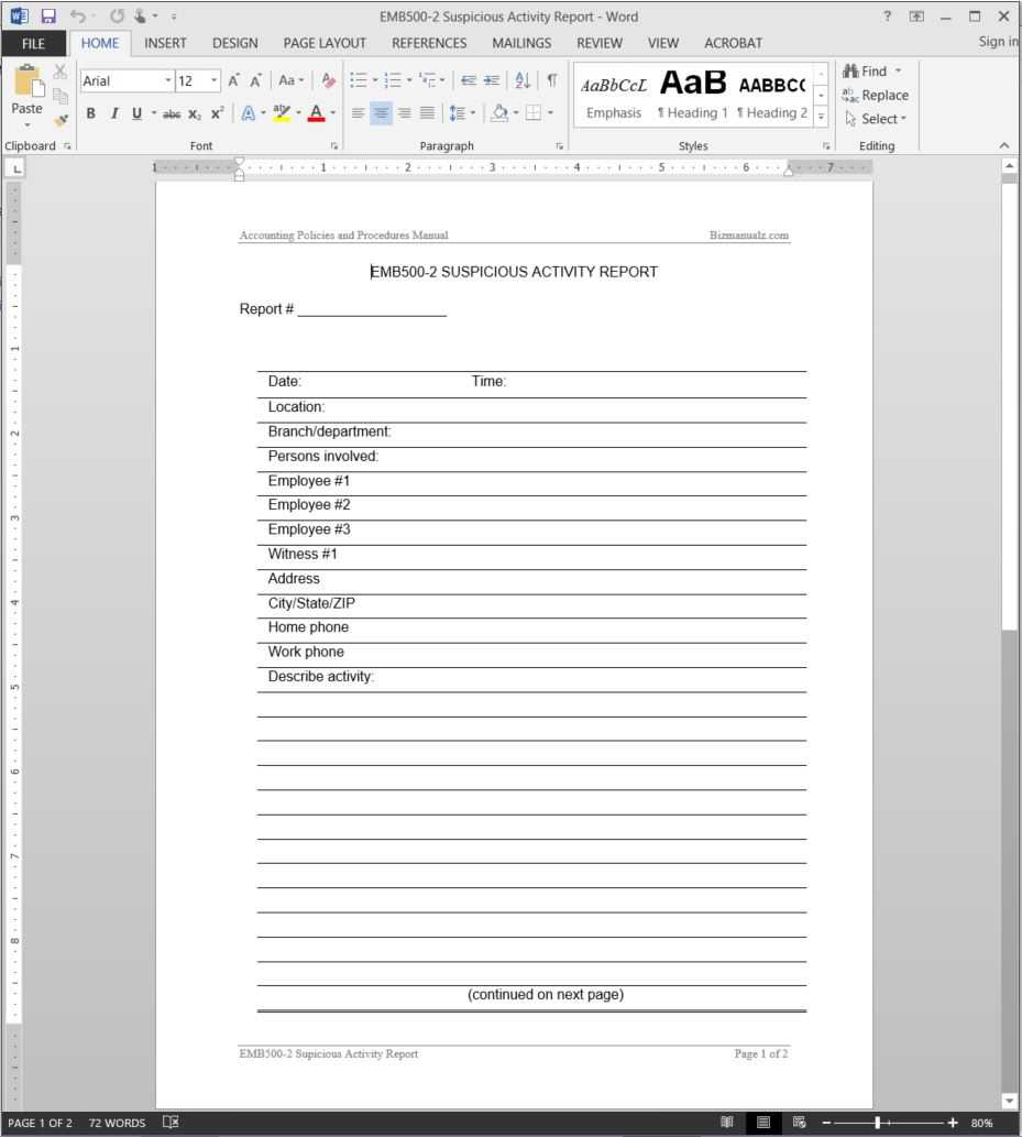 Suspicious Activity Report Template | Emb500 2 In Activity Report Template Word