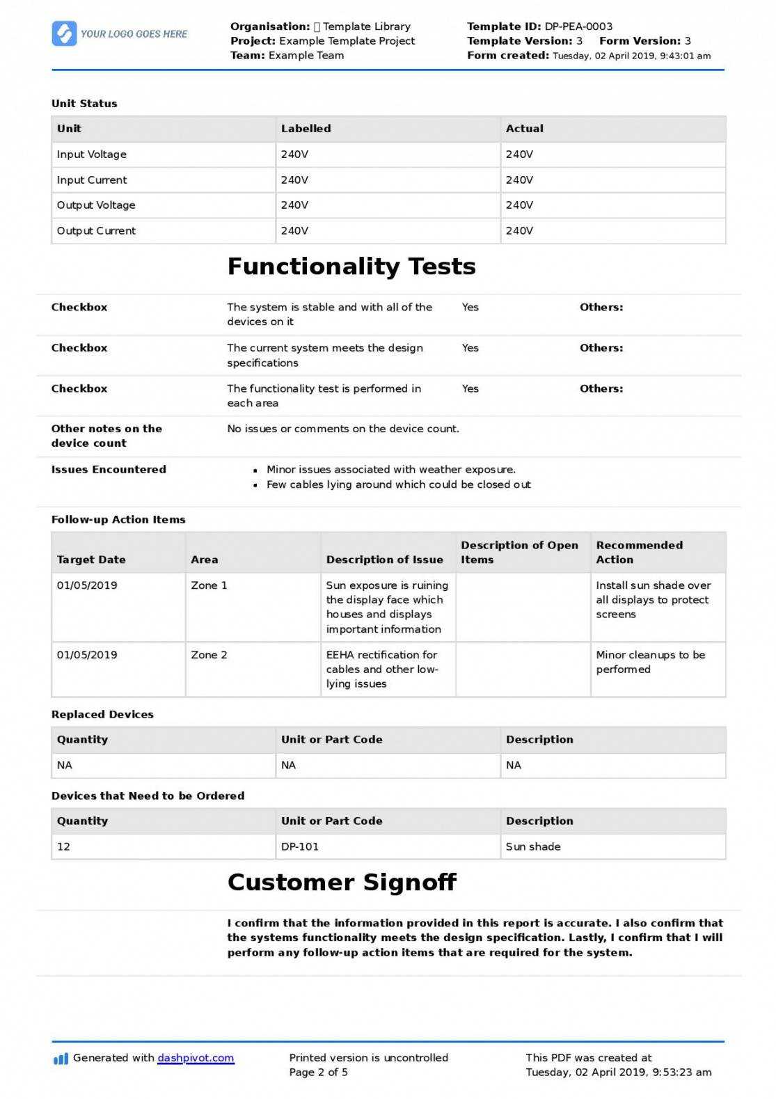 Technical Service Report Template With Customer Contact Report Template