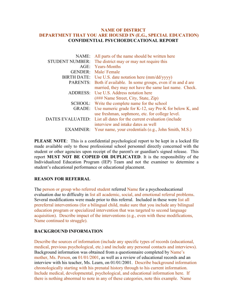 Template For A Bilingual Psychoeducational Report Throughout Psychoeducational Report Template