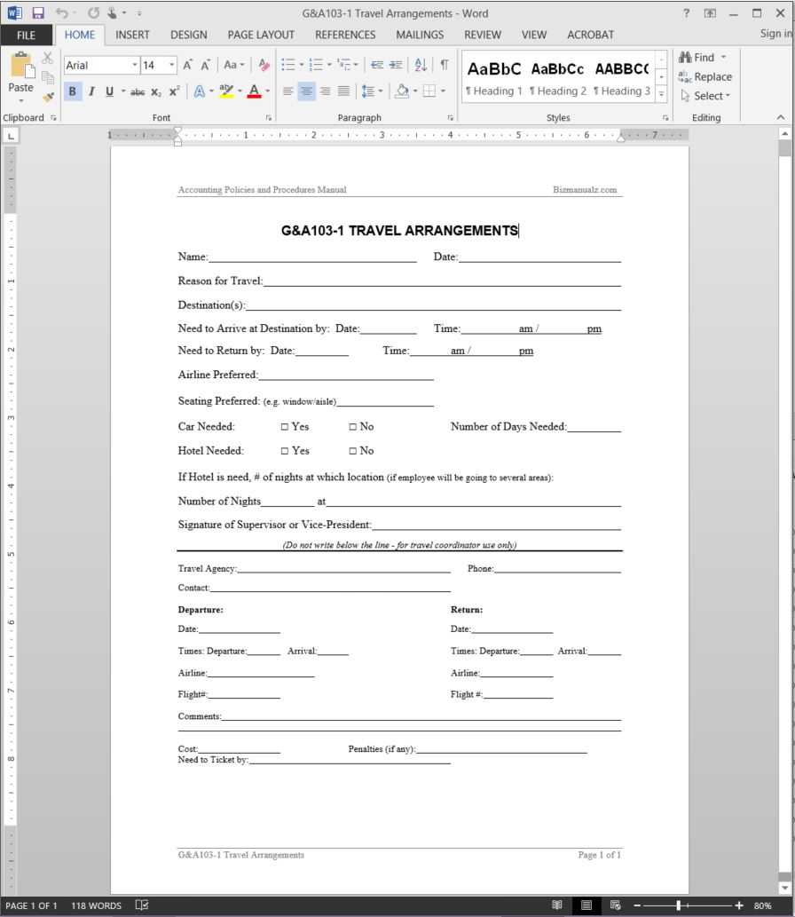 Travel Arrangements Request Template | G&a103 1 With Travel Request Form Template Word
