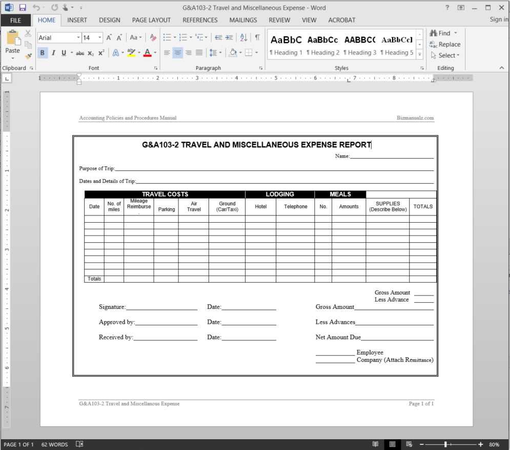 Travel Miscellaneous Expense Report Template | G&a103 2 For Microsoft Word Expense Report Template