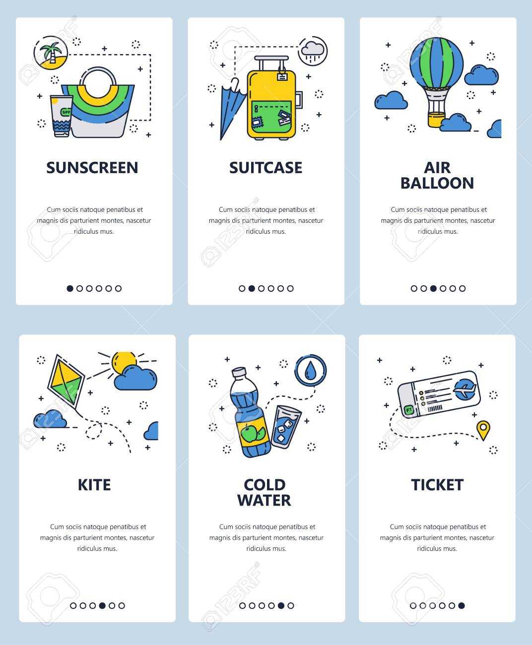 Vector Web Site Linear Art Onboarding Screens Template. Travel Icons, Kite,  Air Balloon And Plane Ticket. Menu Banners For Website And Mobile App Throughout Plane Ticket Template Word