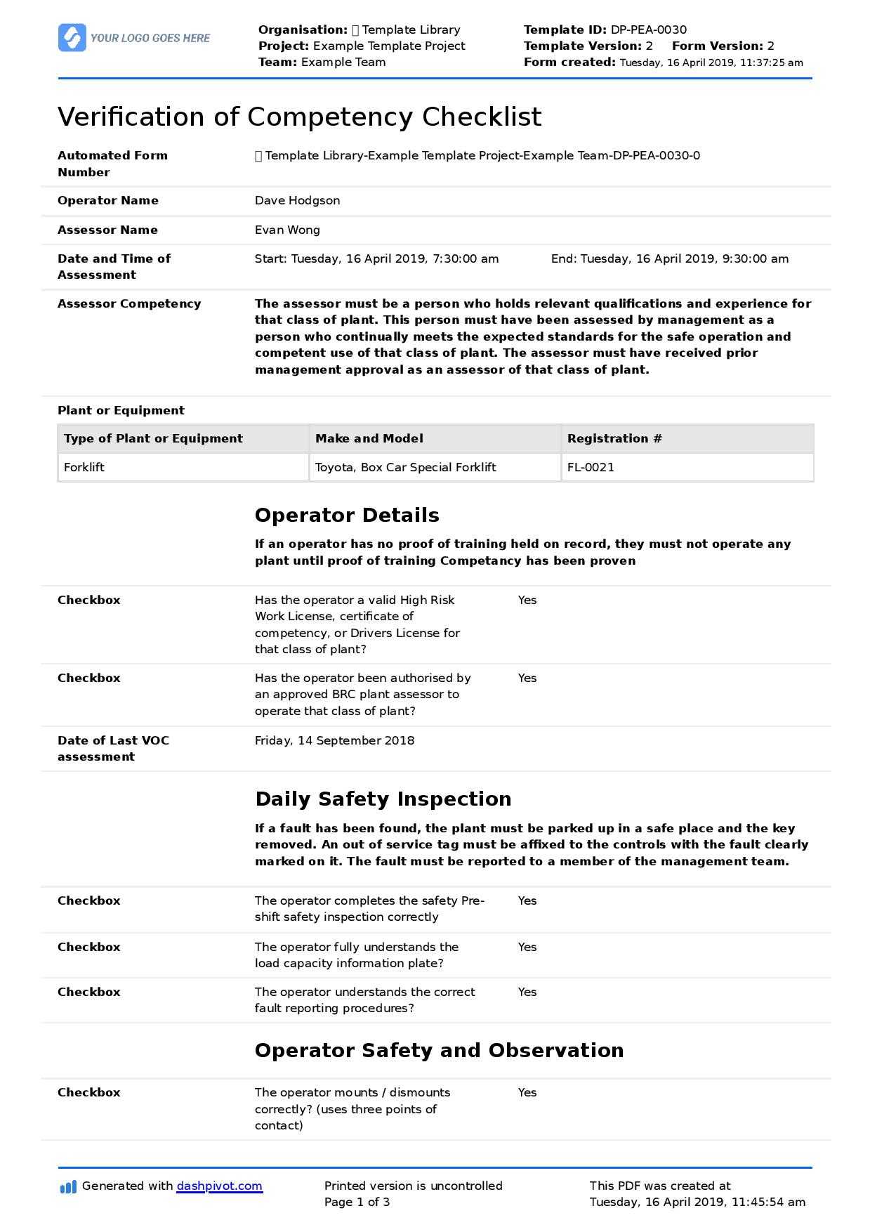 Verification Of Competency Template (Free And Editable Voc Form) Throughout Equipment Fault Report Template