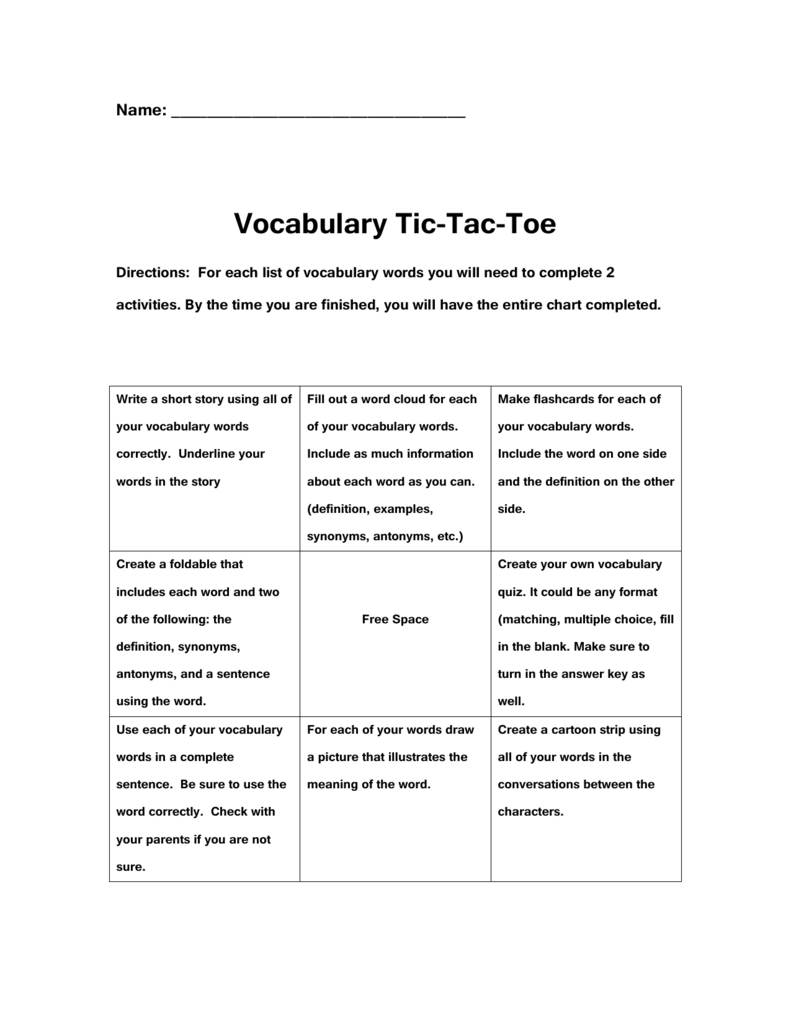 Vocabulary Tic Tac Toe With Regard To Tic Tac Toe Template Word