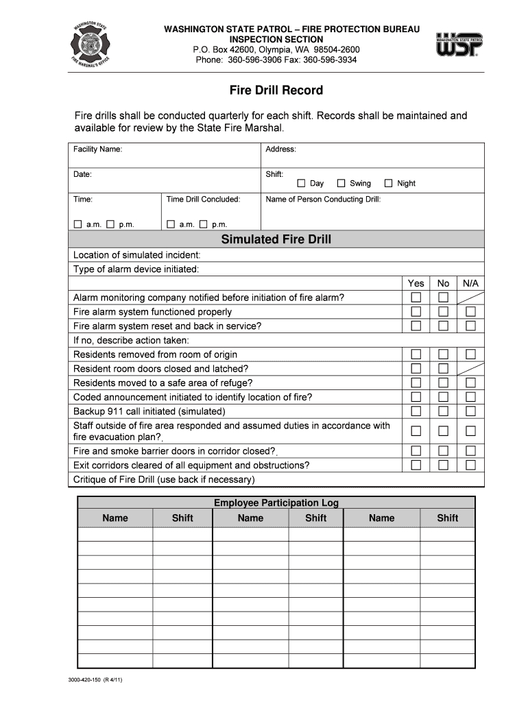 Washington State Patrol Monthly Fire Drill Report – Fill For Emergency Drill Report Template