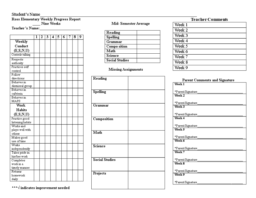 Weekly Student Progress Report Elementary | Templates At Inside School Progress Report Template