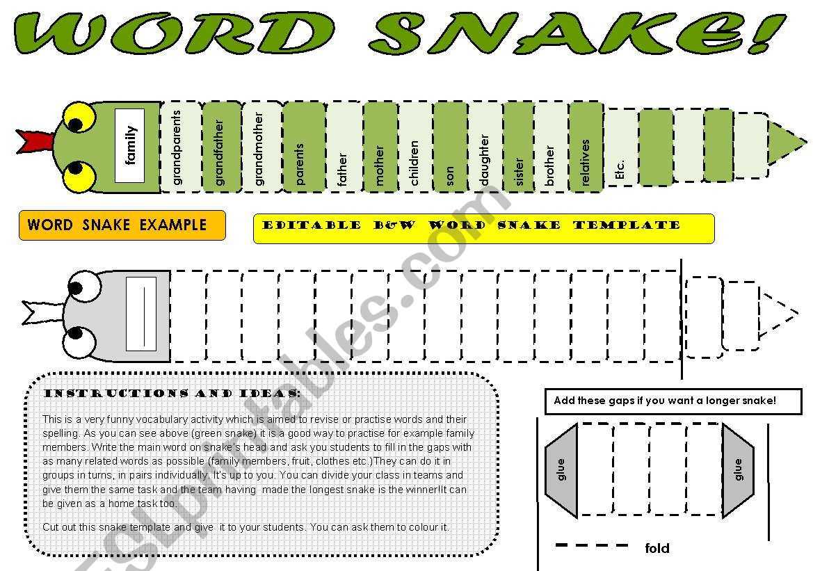Word Snake – Fun Vocabulary Activity With Editable B&w Intended For Vocabulary Words Worksheet Template