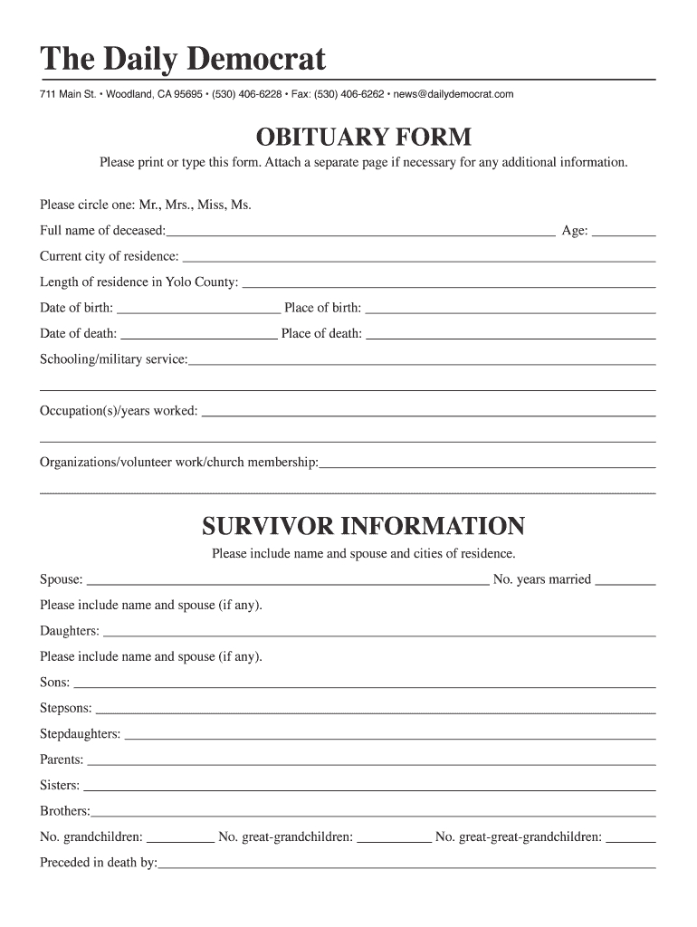 Writable Obituary Form – Fill Online, Printable, Fillable For Fill In The Blank Obituary Template